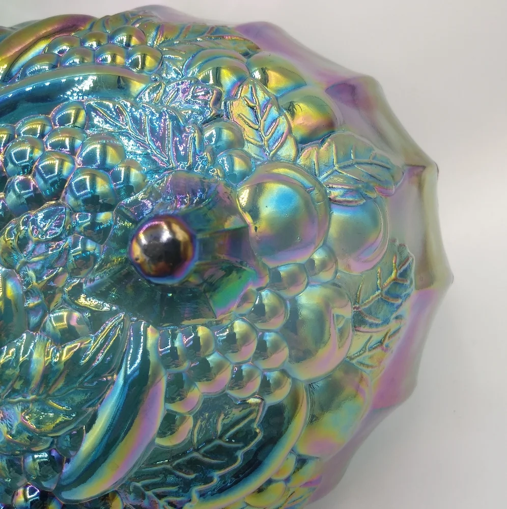 Indiana Glass Harvest Grapes Carnival Iridescent Blue Footed Large Oval Bowl - Picture 5 of 11